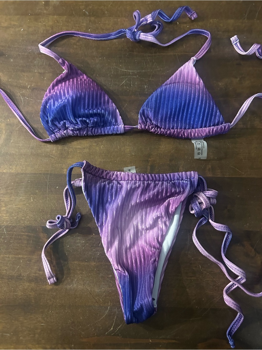 NWOT Sexy Skimpy Purple Multi Shade Triangle Top Rio Cut Bottom Bikini Outfit